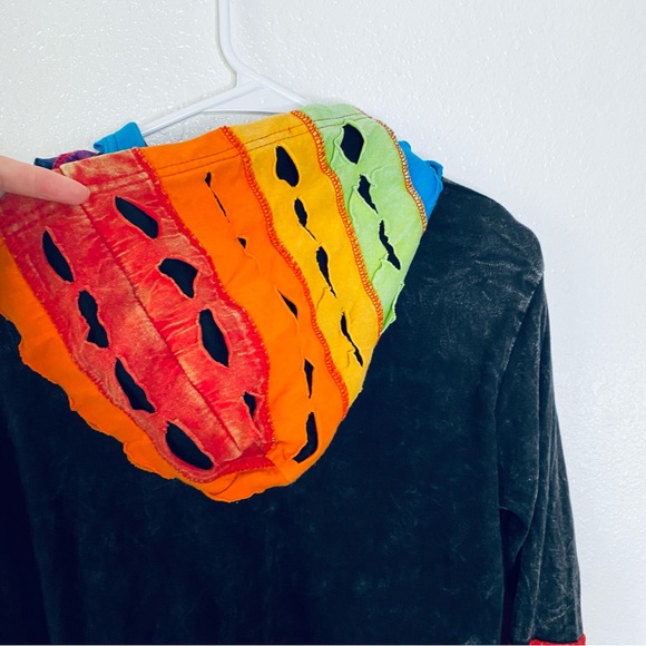 Boho Floral Embroidered Distressed Patchwork Zip Front Hooded Jacket Large - Picture 5 of 7